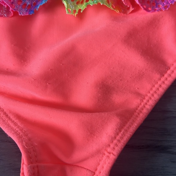 Toddler fluorescent metallic like multicolor rainbow crisscross strap swimsuit - Picture 8 of 9